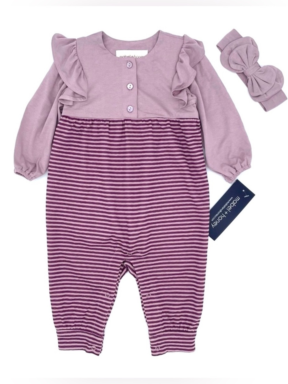 NWT Mabel and Honey Girls Ruffle Striped Romper & Bow Headband Set in Purple 18M